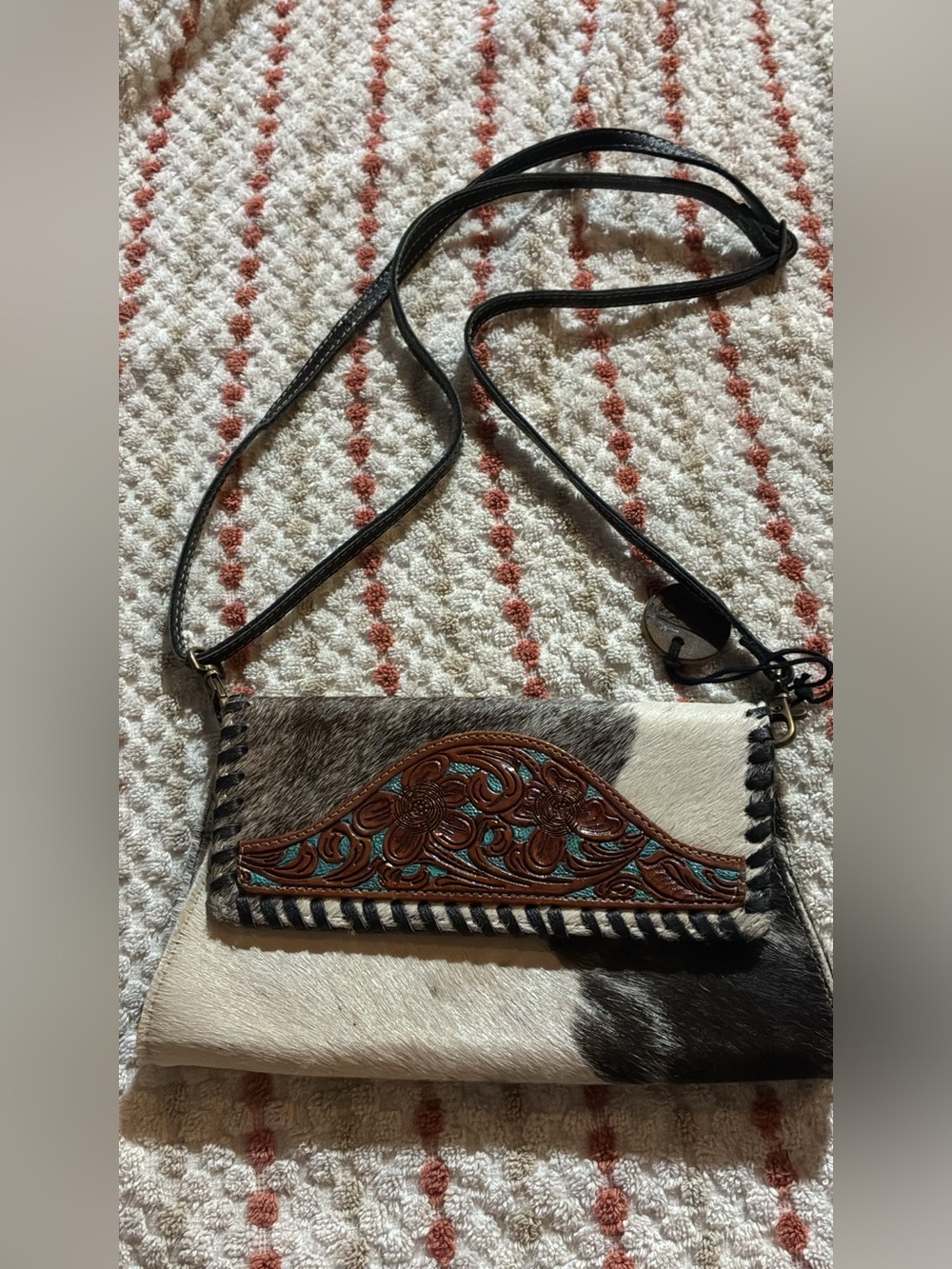 Western Cowhide Crossbody Bag with Tooled Leather Accent - Black & White